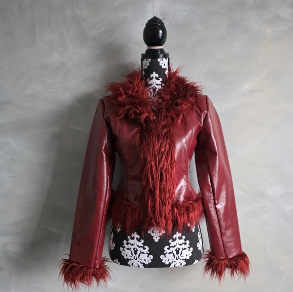Jennyfer J Jackets & Blazers - 90's 00's Vintage Red Faux Leather Crop Penny Lane Y2k Jacket Fuzzy Sz S